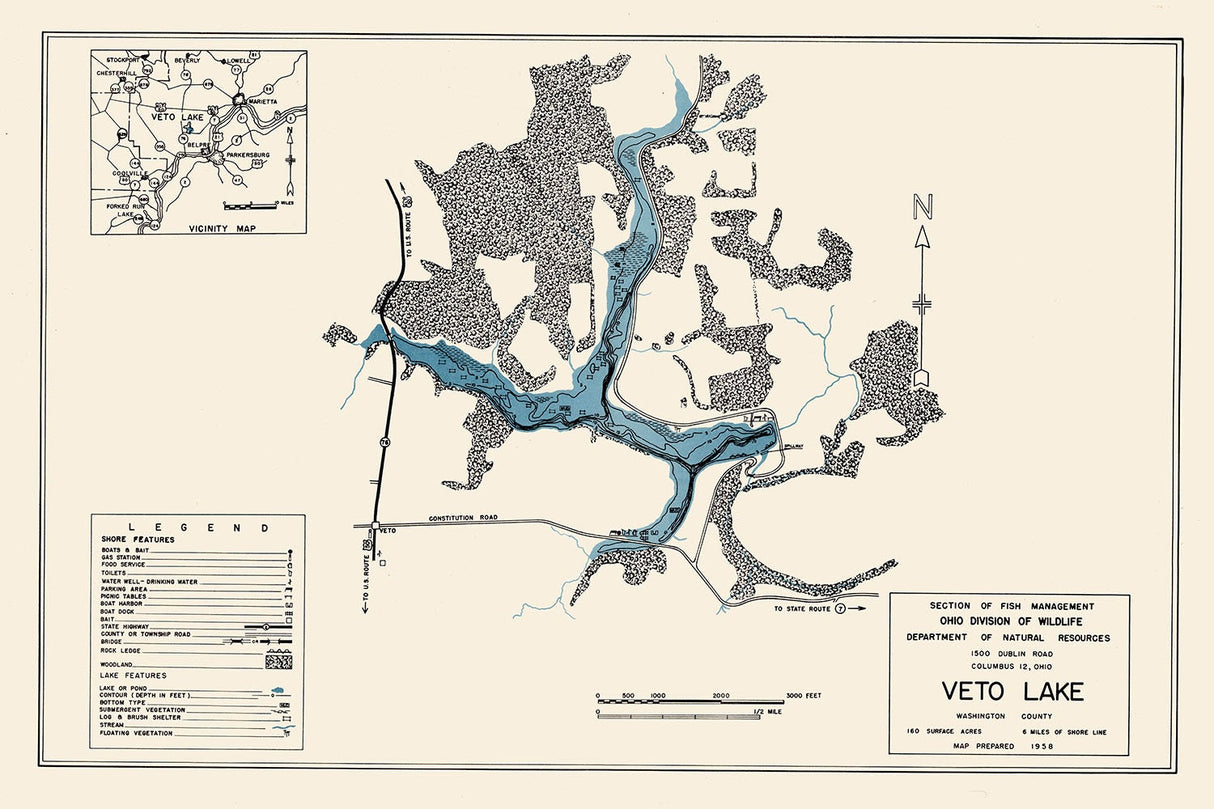 1958 Map of Veto Lake Washington County Ohio