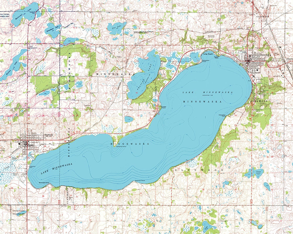 1968 Map of Lake Minnewaska Pope County Minnesota Glenwood