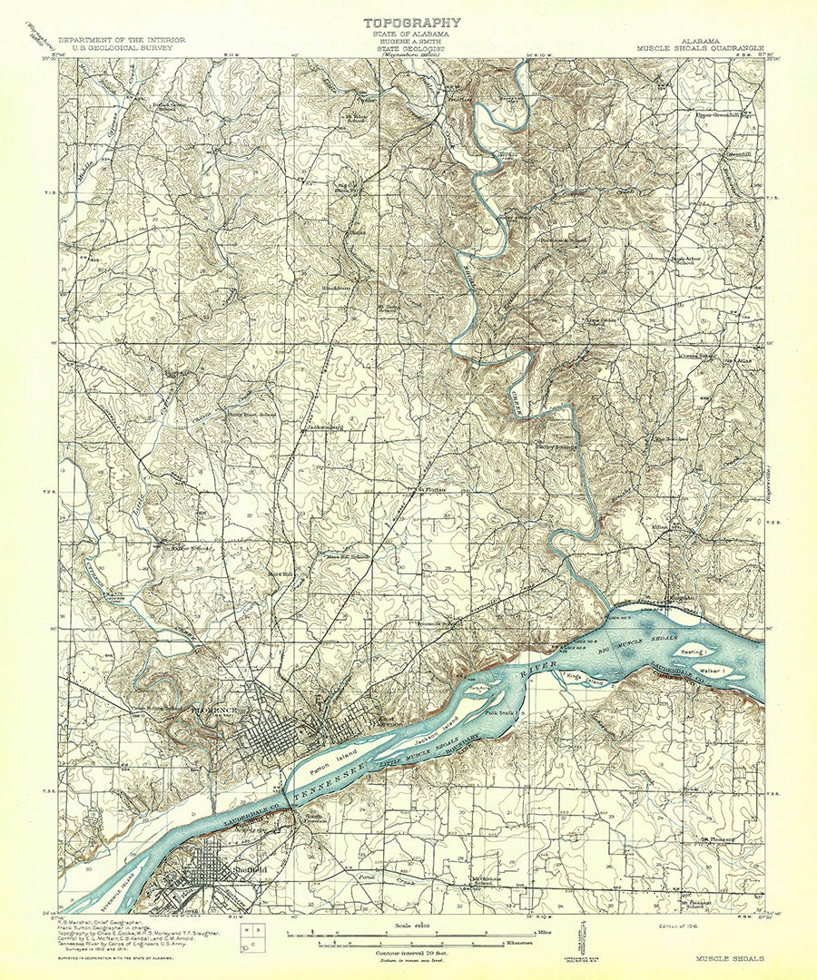 1916 Topo Map of Muscle Shoals Alabama Quadrangle Florence