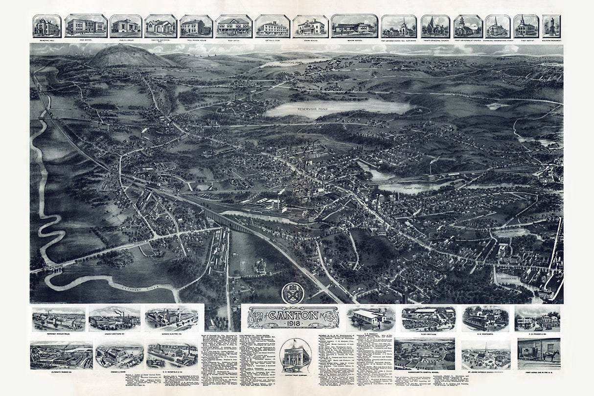 1918 Panoramic Map of Canton Massachusetts