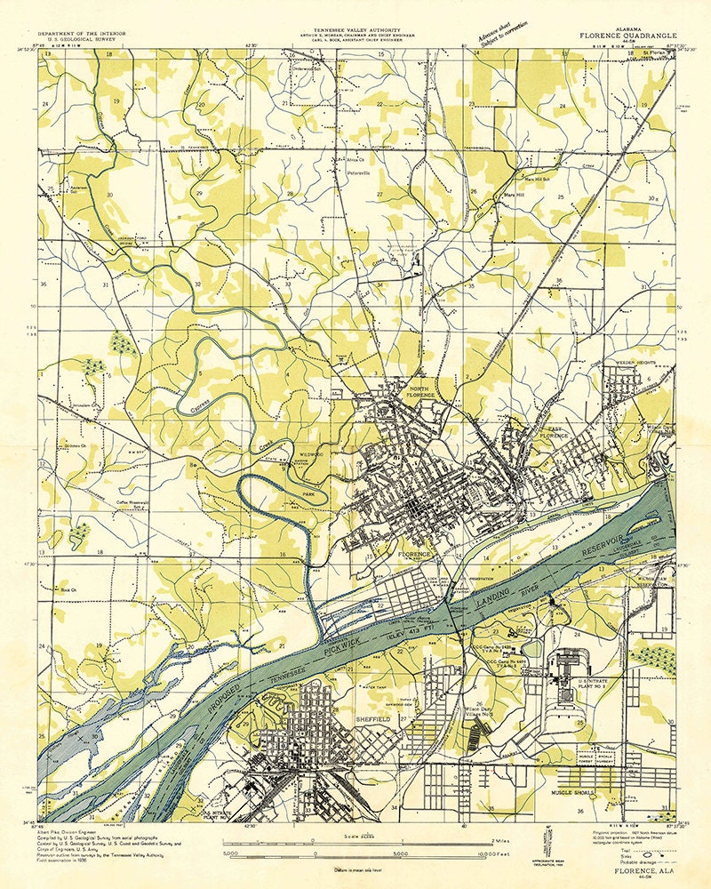 1936 Topo Map of Florence Alabama Quadrangle