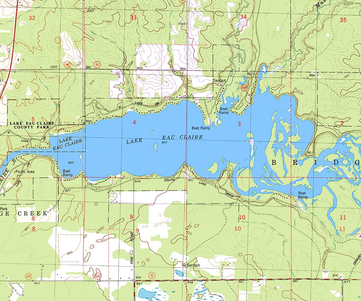 1979 Map of Lake Eau Claire Wisconsin