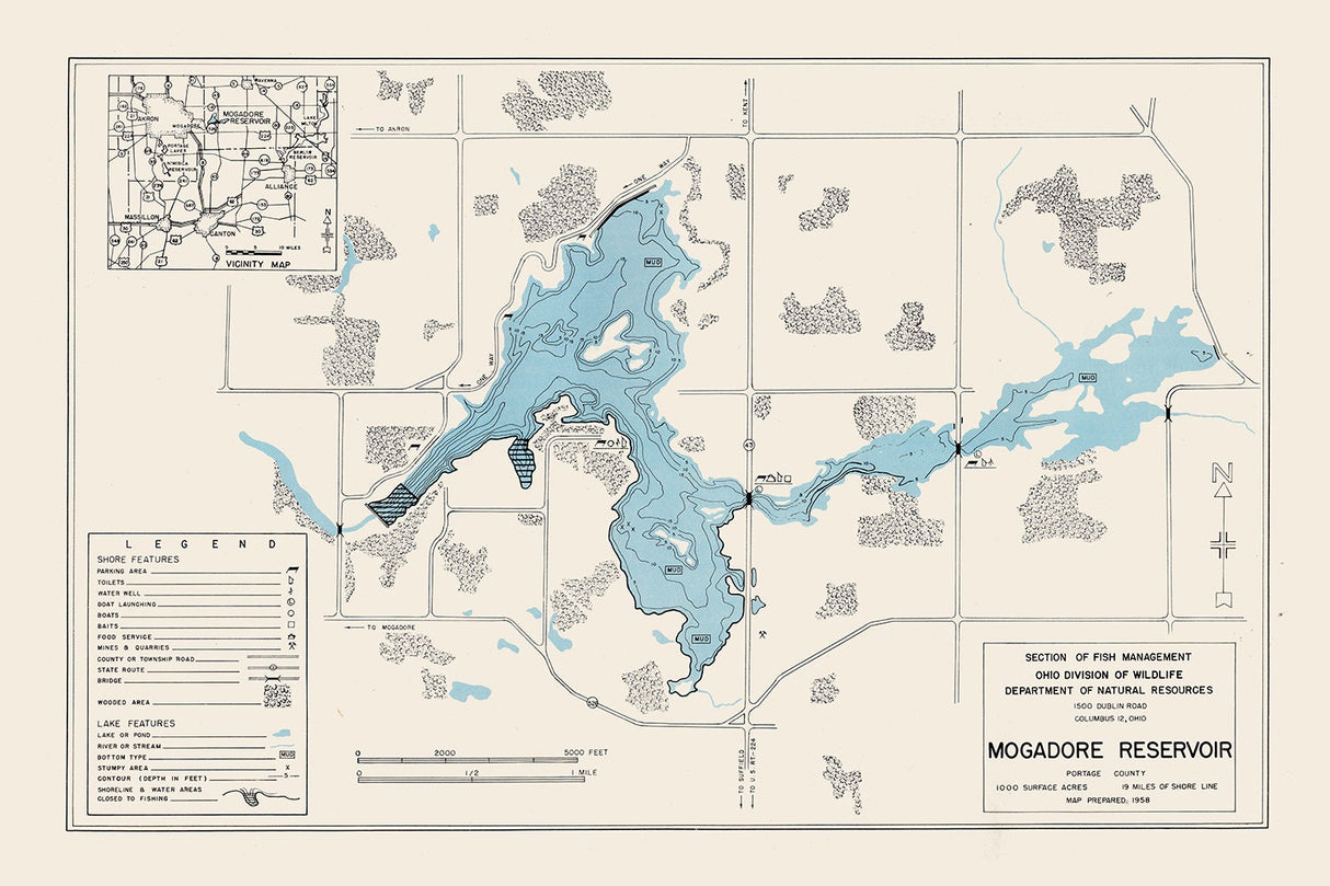 1958 Map of Mogadore Reservoir Portage County Ohio