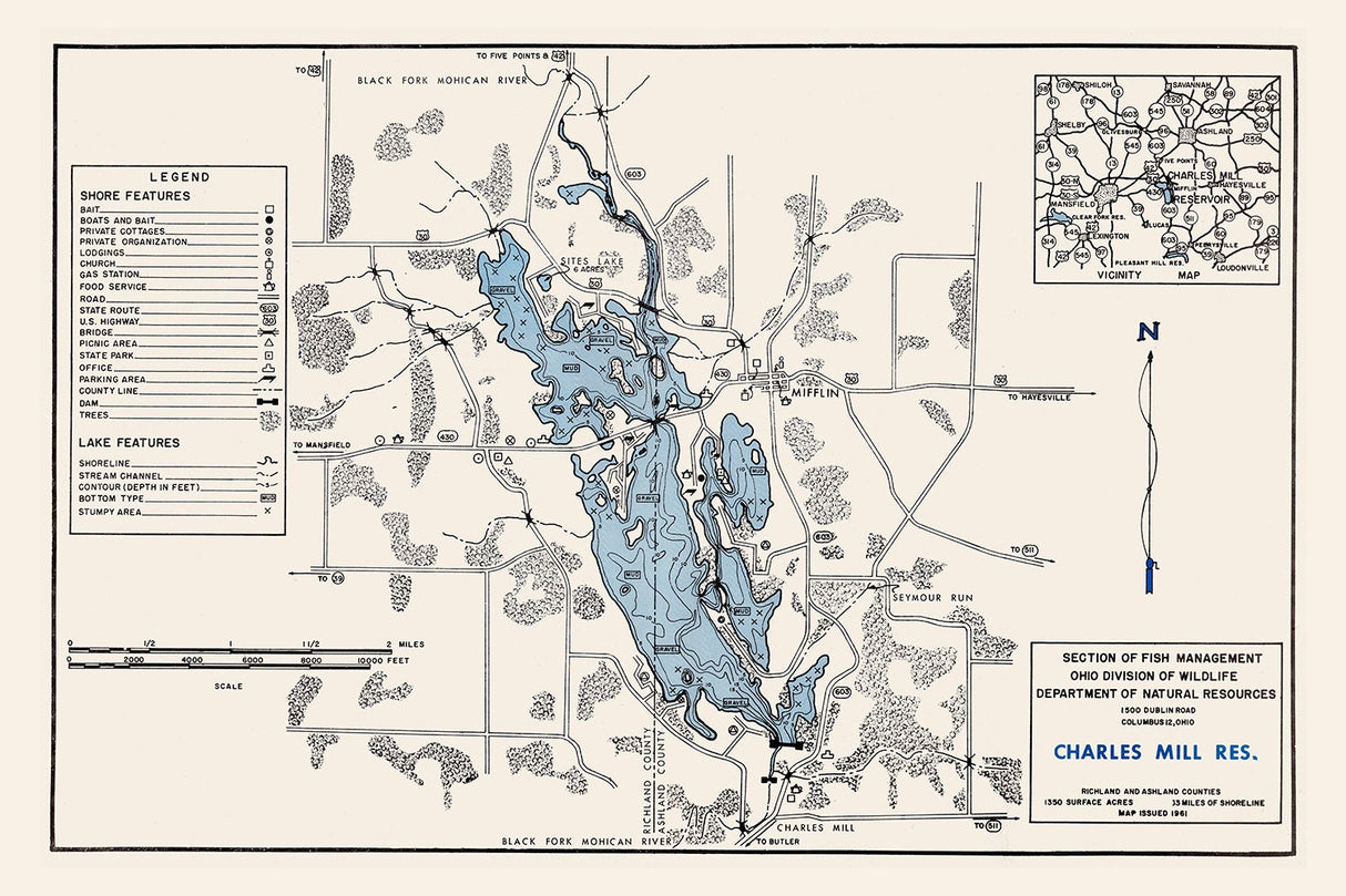 1961 Map of Charles Mill Reservoir Richland and Ashland County Ohio