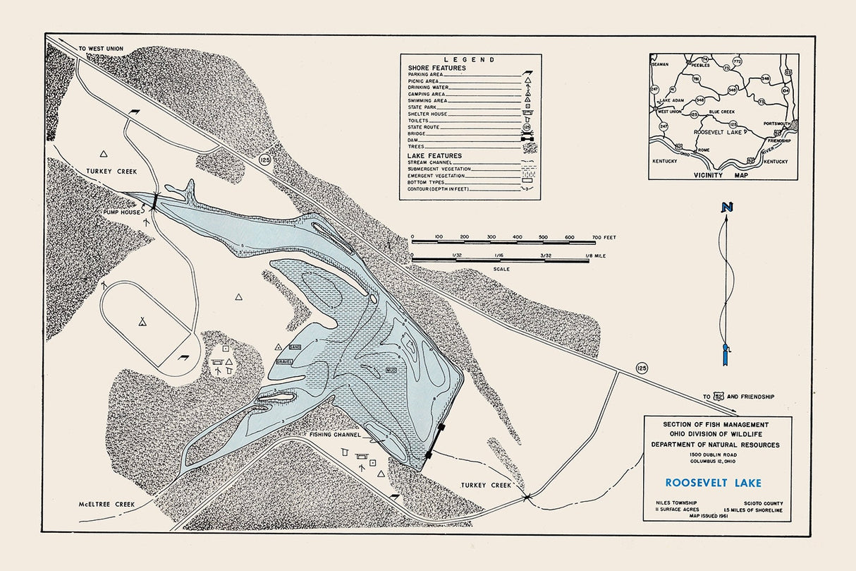 1961 Map of Roosevelt Lake Scioto County Ohio