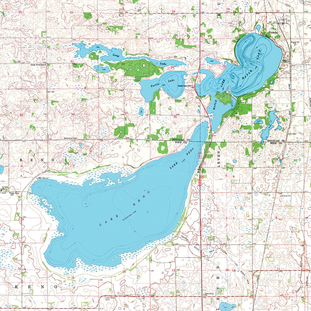 1968 Map of Lake Reno Douglas and Pope County Minnesota Maple Turtle and Long Lakes