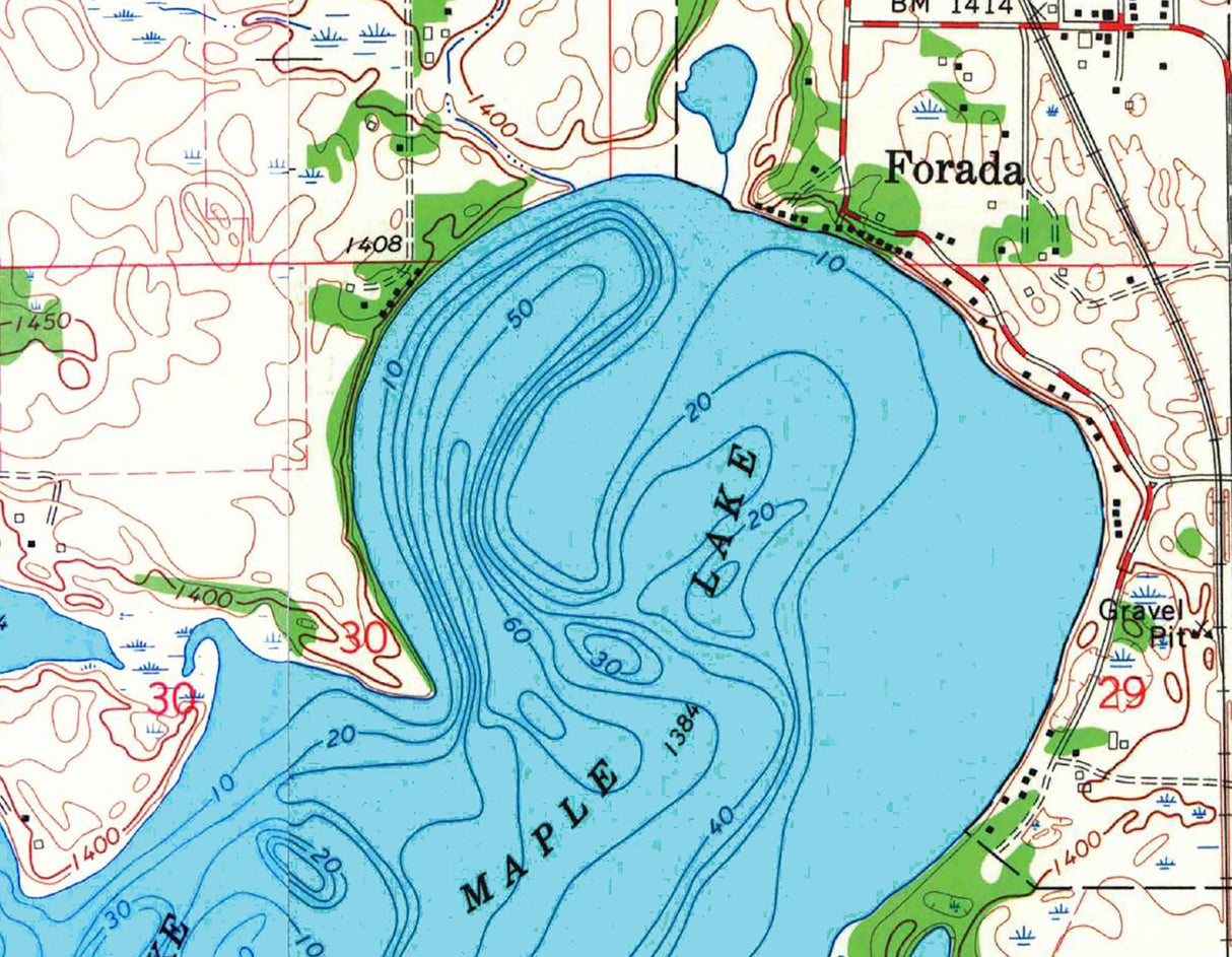 1968 Map of Lake Reno Douglas and Pope County Minnesota Maple Turtle and Long Lakes