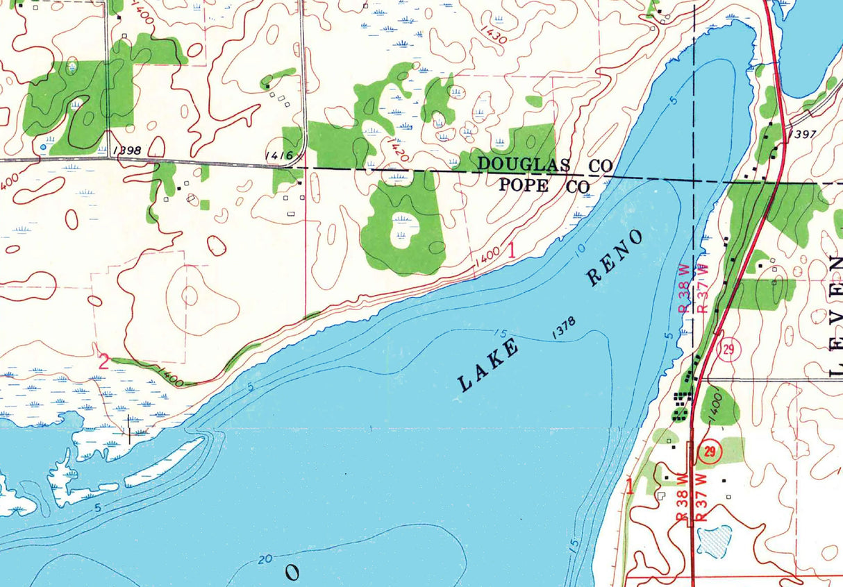 1968 Map of Lake Reno Douglas and Pope County Minnesota Maple Turtle and Long Lakes