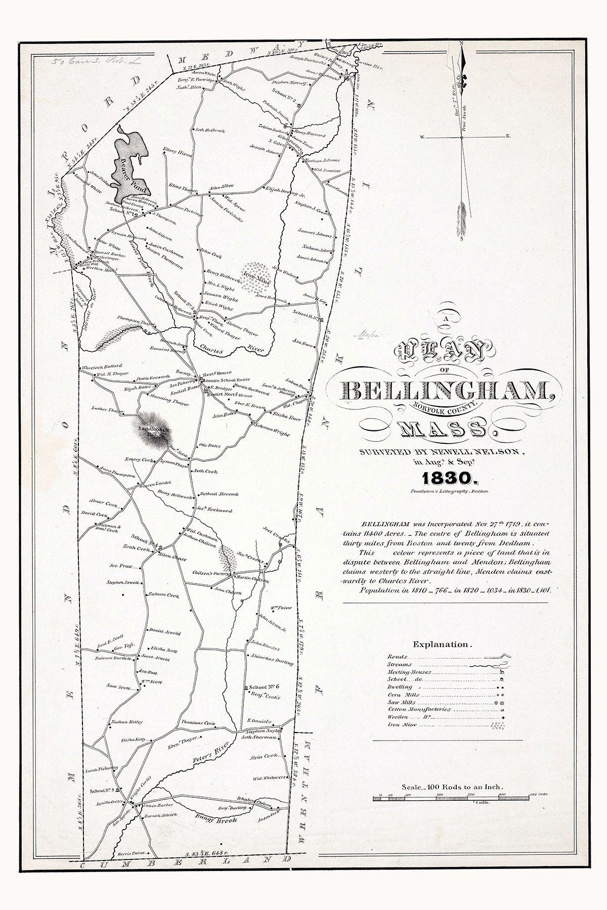 1830 Town Map of Bellingham Norfolk County Massachusetts