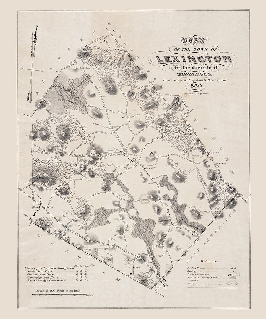 1830 Town Map of Lexington Middlesex County Massachusetts