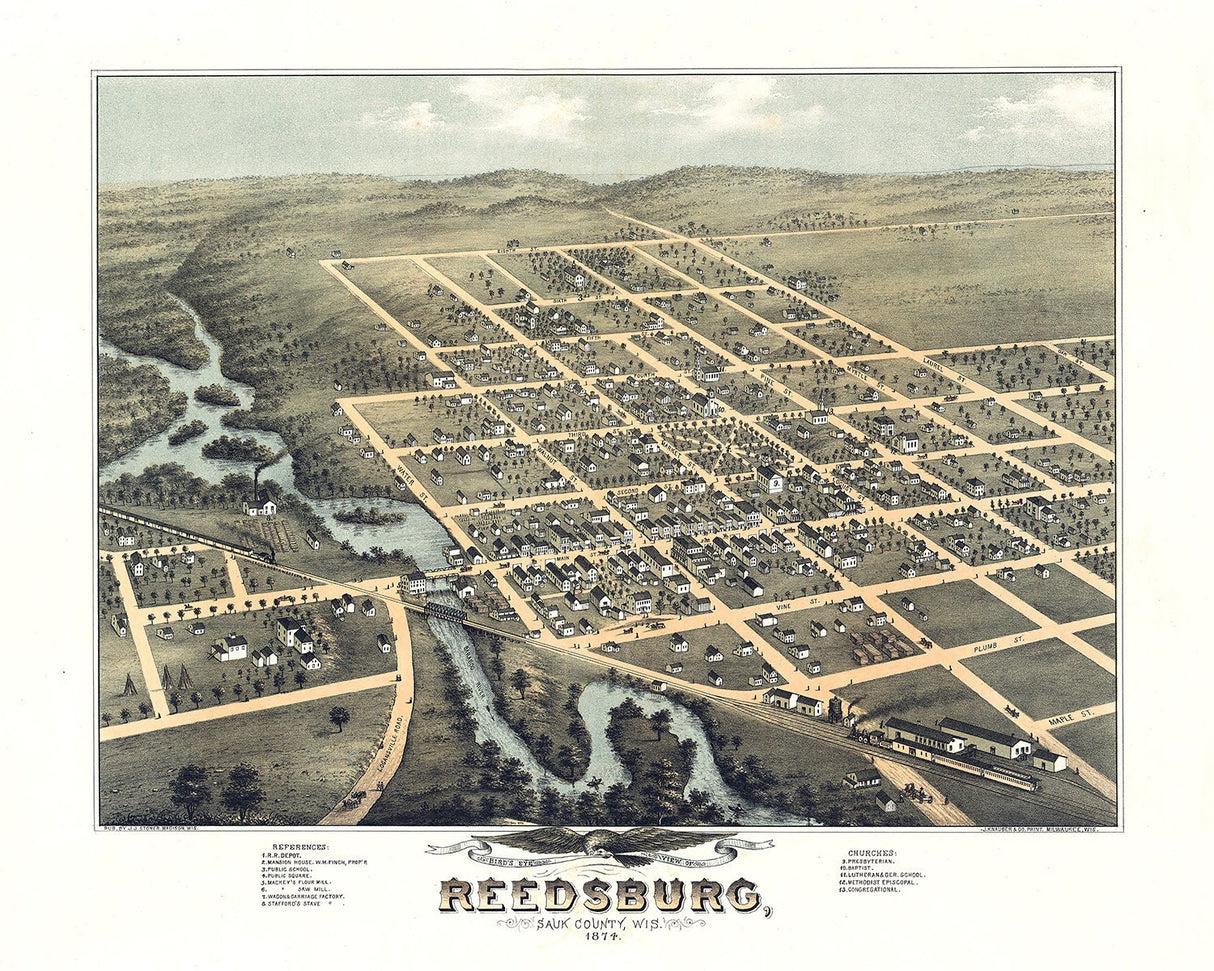 1874 Panoramic Map of Reedsburg Sauk County Wisconsin
