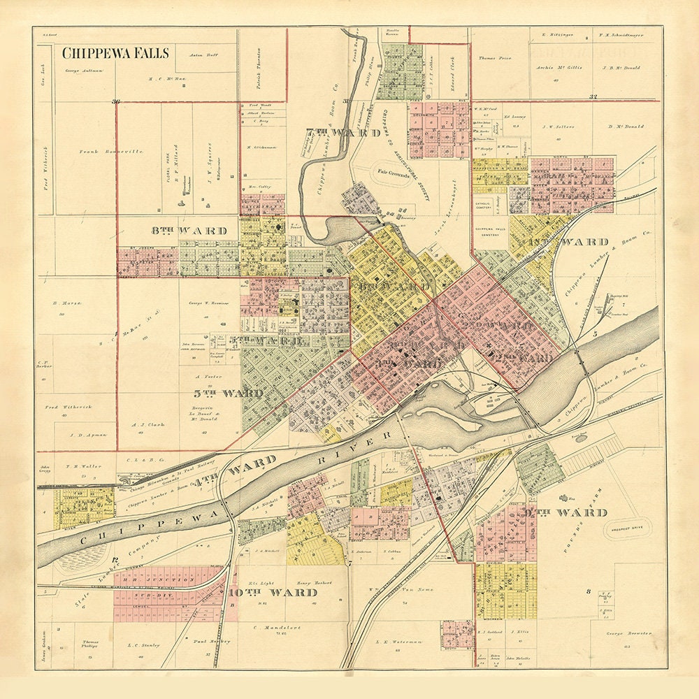 1888 Map of Chippewa Falls Chippewa County Wisconsin