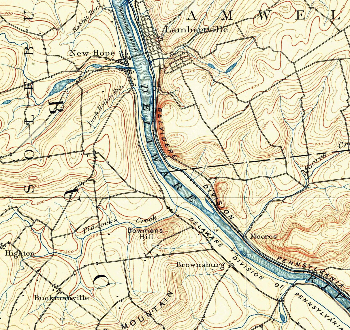 1890 Topo Map of Lambertville Quad Hunterdon and Bucks County