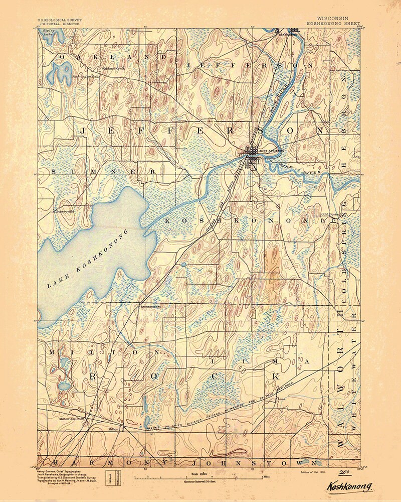 1891 Topo Map of Koshkonong Wisconsin Lake Koshkonong