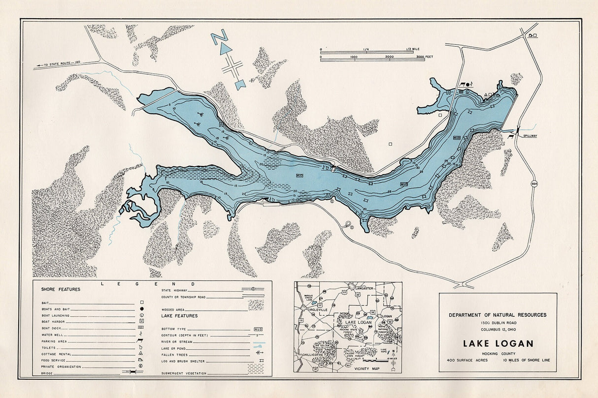 1960 Map of Lake Logan Hocking County Ohio