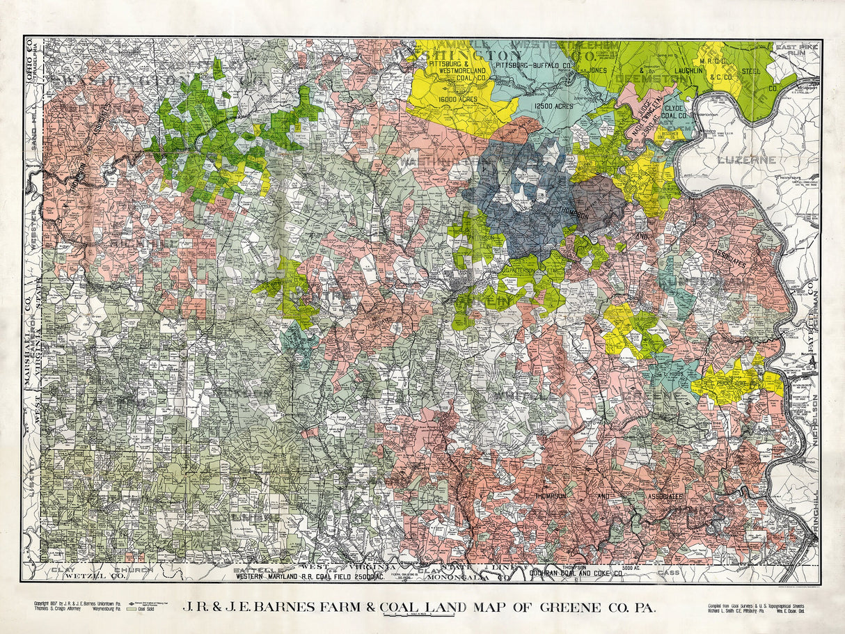 1907 Farm Line Map of Greene County Pennsylvania RARE BARNS Map