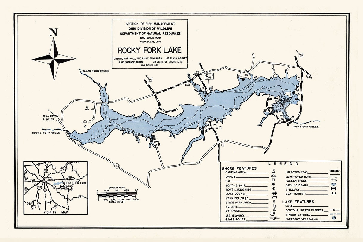 1959 Map of Rocky Fork Lake Highland County Ohio