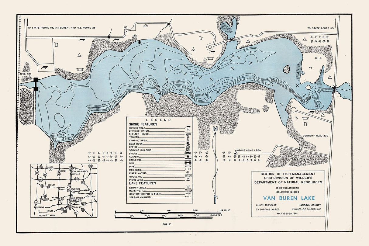 1961 Map of Van Buren Lake Hancock County Ohio