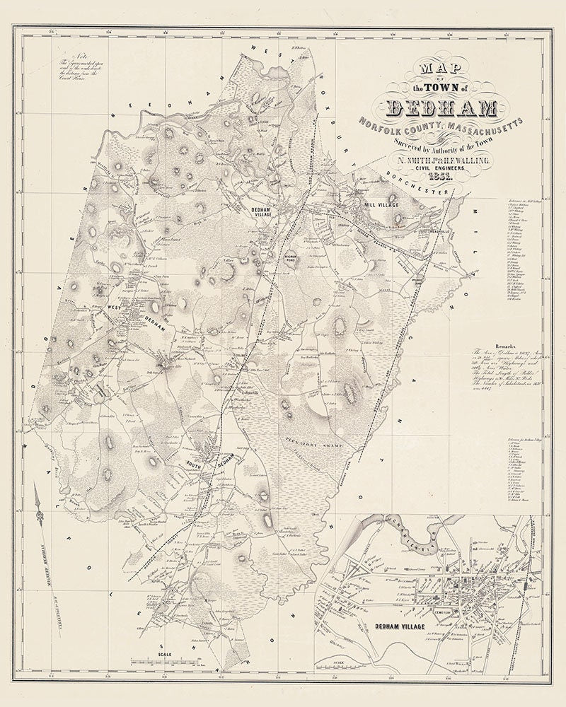 1851 Town Map of Dedham Norfolk County Massachusetts