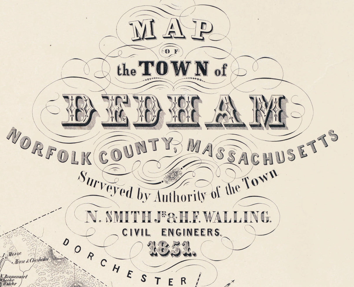 1851 Town Map of Dedham Norfolk County Massachusetts