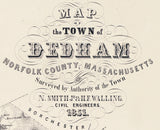 1851 Town Map of Dedham Norfolk County Massachusetts