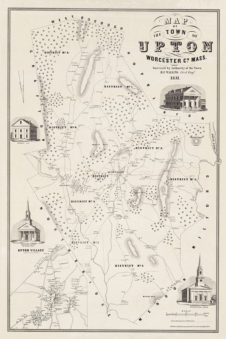 1851 Town Map of Upton Worcester County Massachusetts