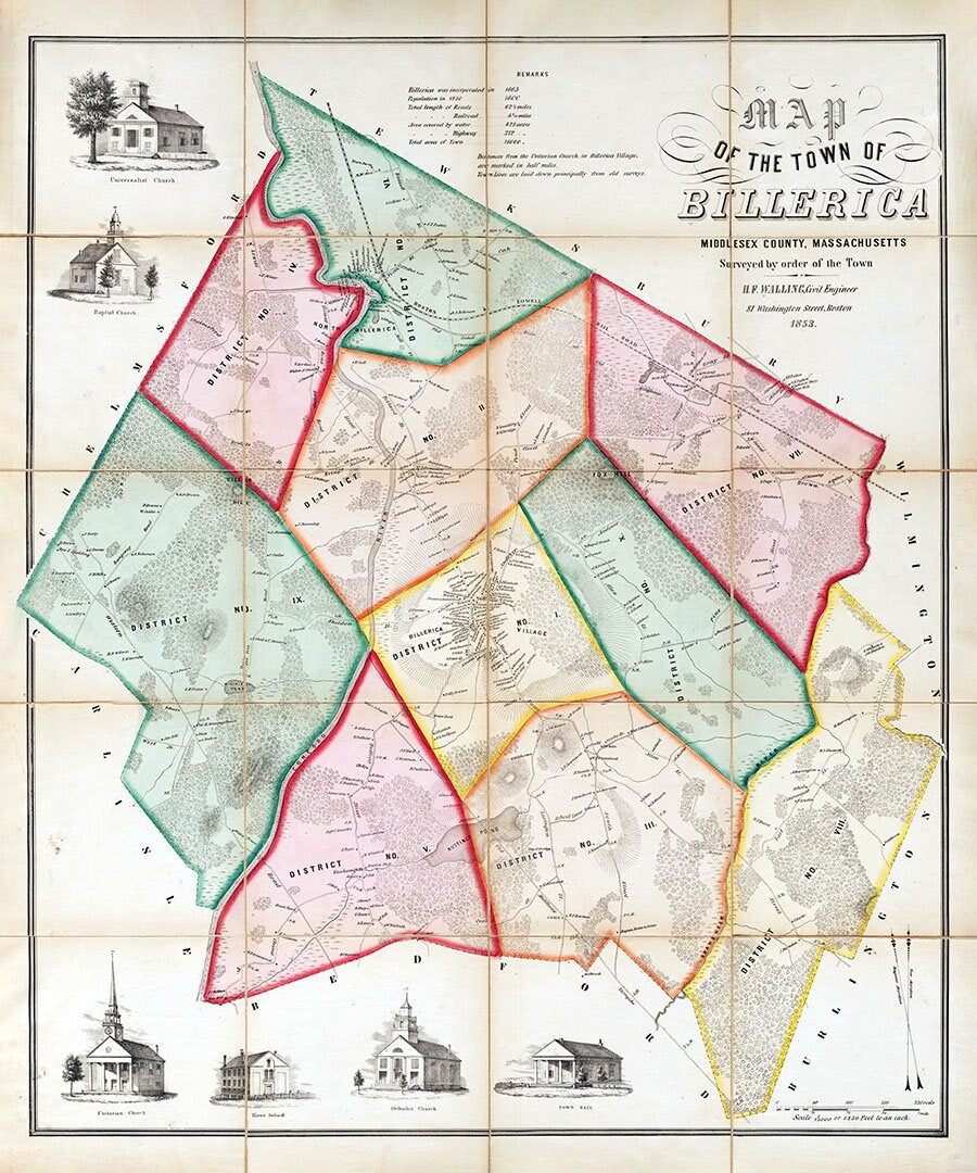 1853 Town Map of Billerica Middlesex County Massachusetts