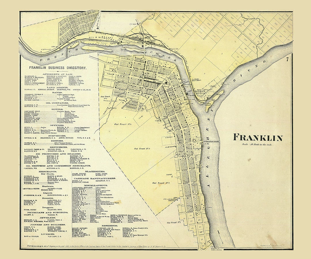 1865 Town Map of Franklin Venango County Pennsylvania