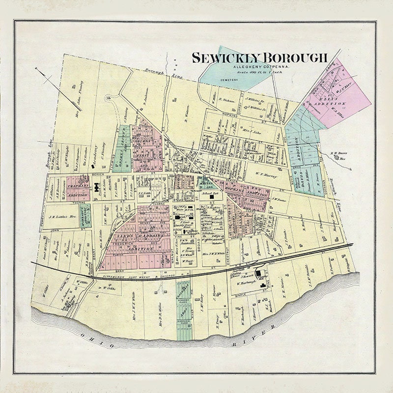 1877 Town Map of Sewickly Borough Allegheny County Pennsylvania