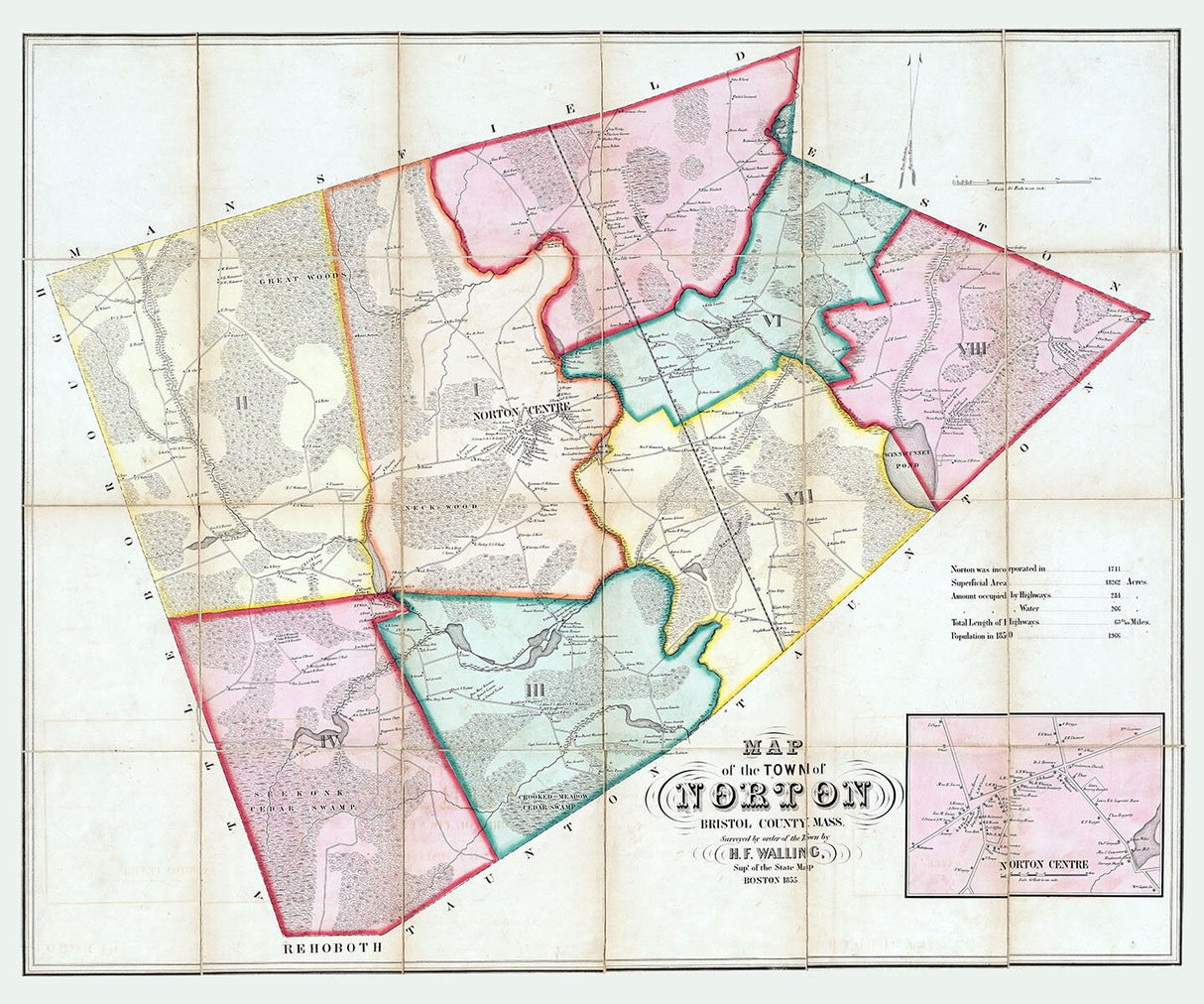 1855 Town Map of Norton Bristol County Massachusetts
