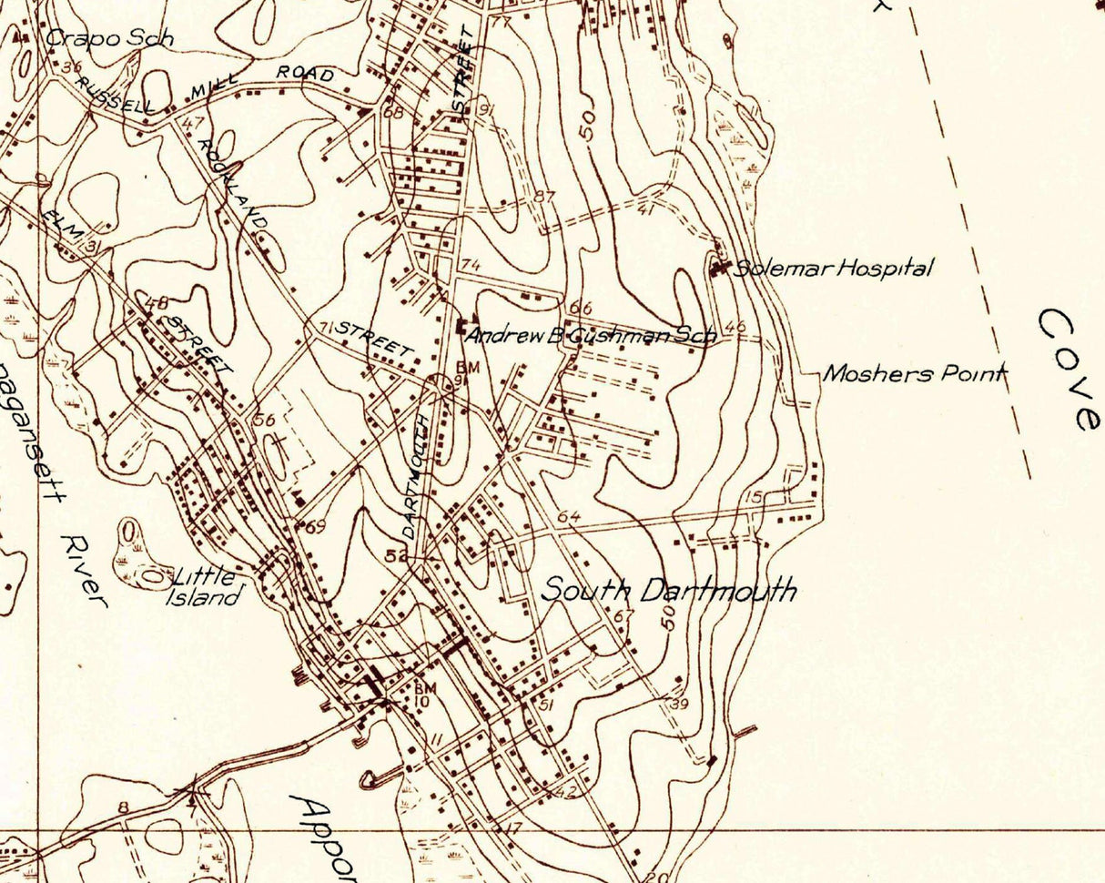 1936 Topo Map of South Dartmouth Massachusetts Quadrangle