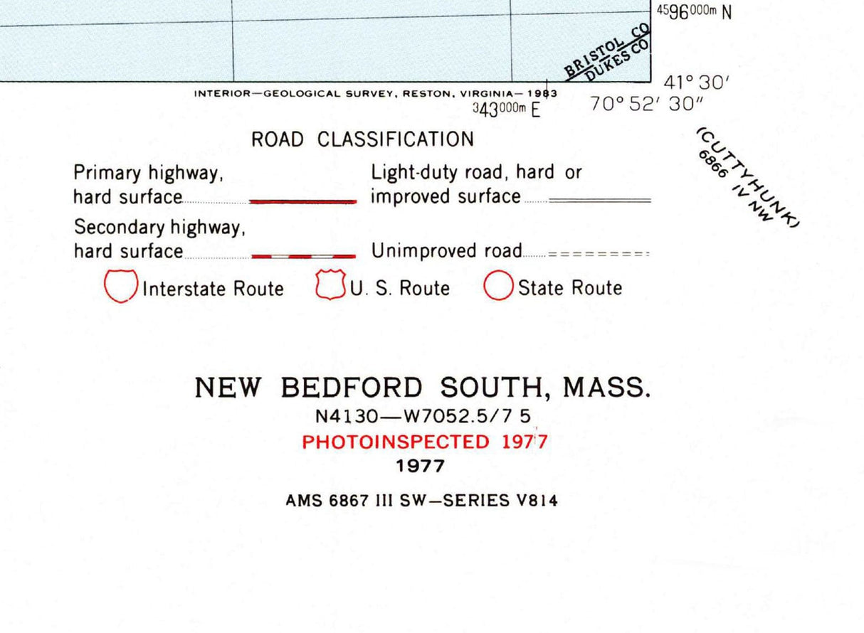 1977 Topo Map of New Bedford South Massachusetts Quadrangle