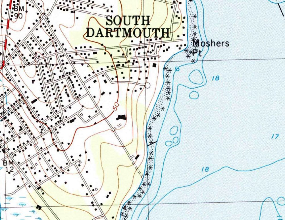 1977 Topo Map of New Bedford South Massachusetts Quadrangle