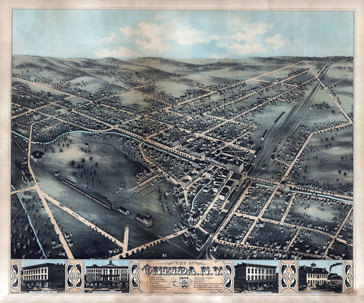 1874 Panoramic Map of Oneida New York