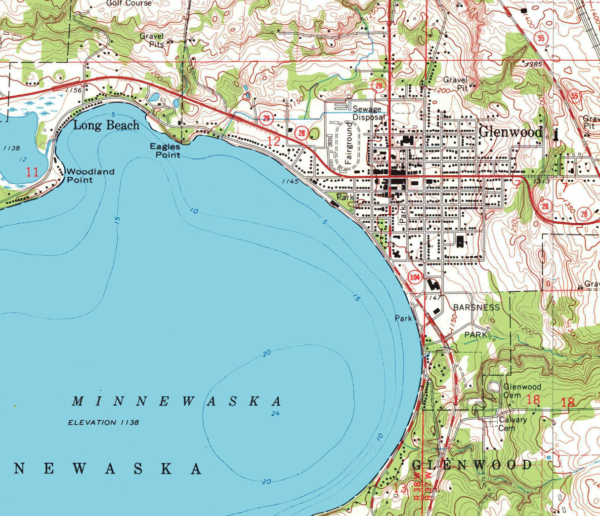 1968 Map of Lake Minnewaska Pope County Minnesota Glenwood