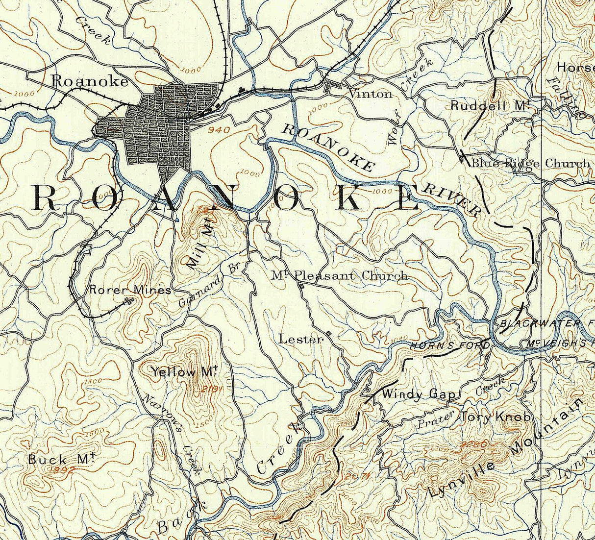 1890 Topo Map of Roanoke Virginia Quadrangle
