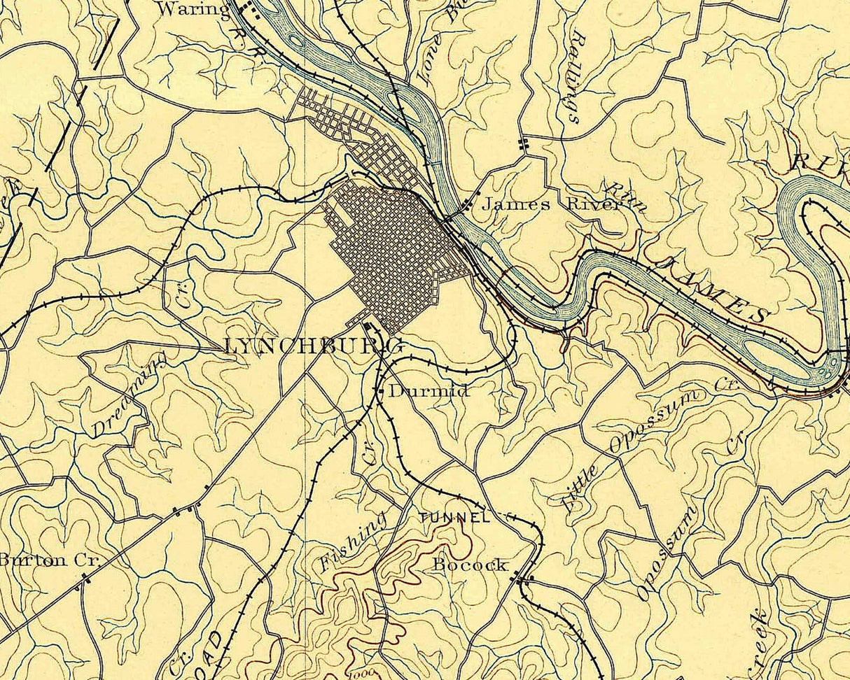 1892 Topo Map of Lynchburg Virginia Quadrangle