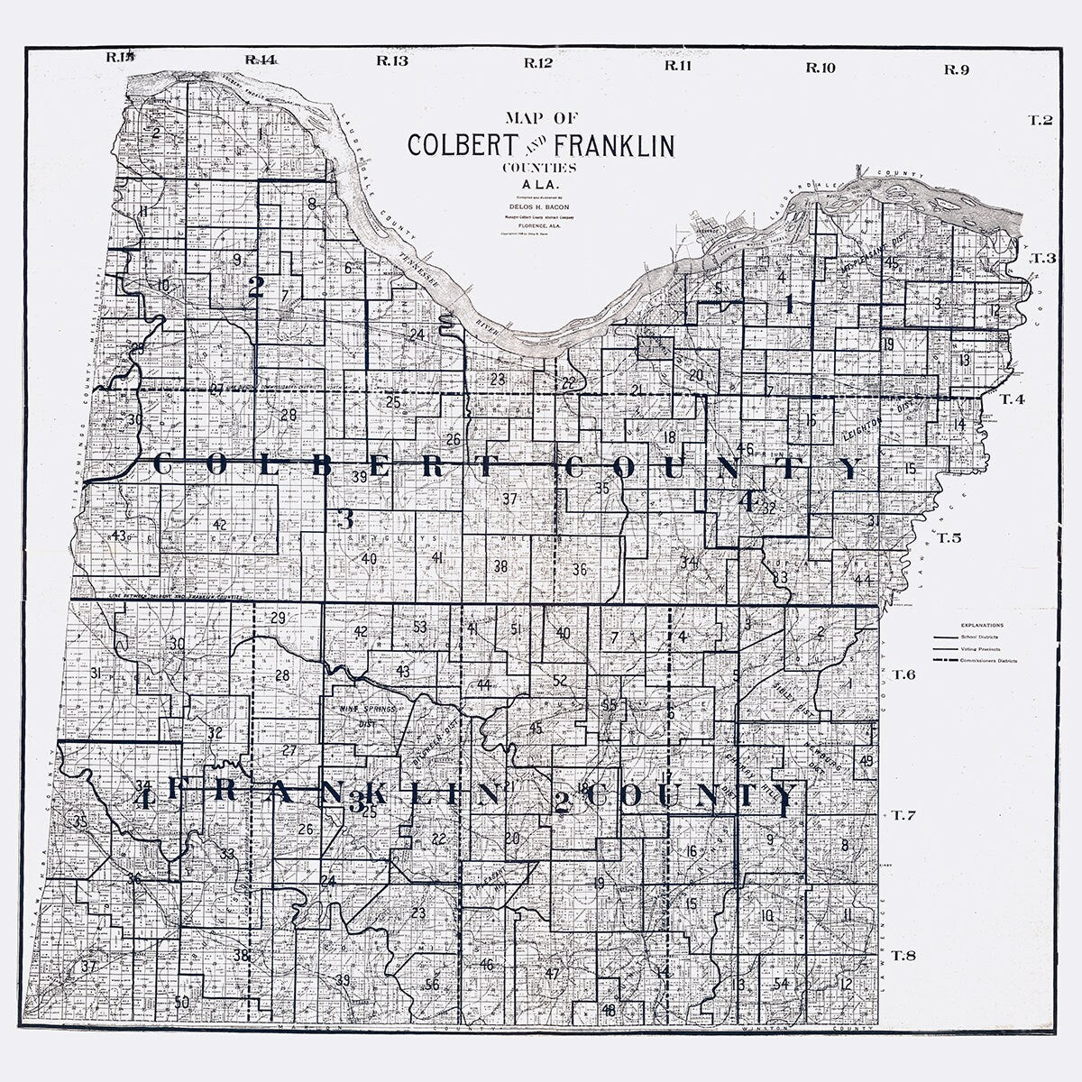 1908 Farm Line Map of Colbert and Franklin County Alabama