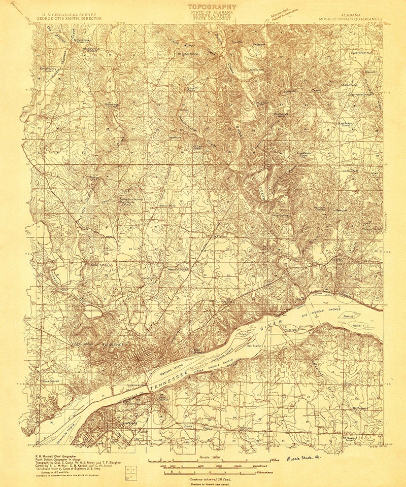 1914 Topo Map of Muscle Shoals Alabama Quadrangle Florence