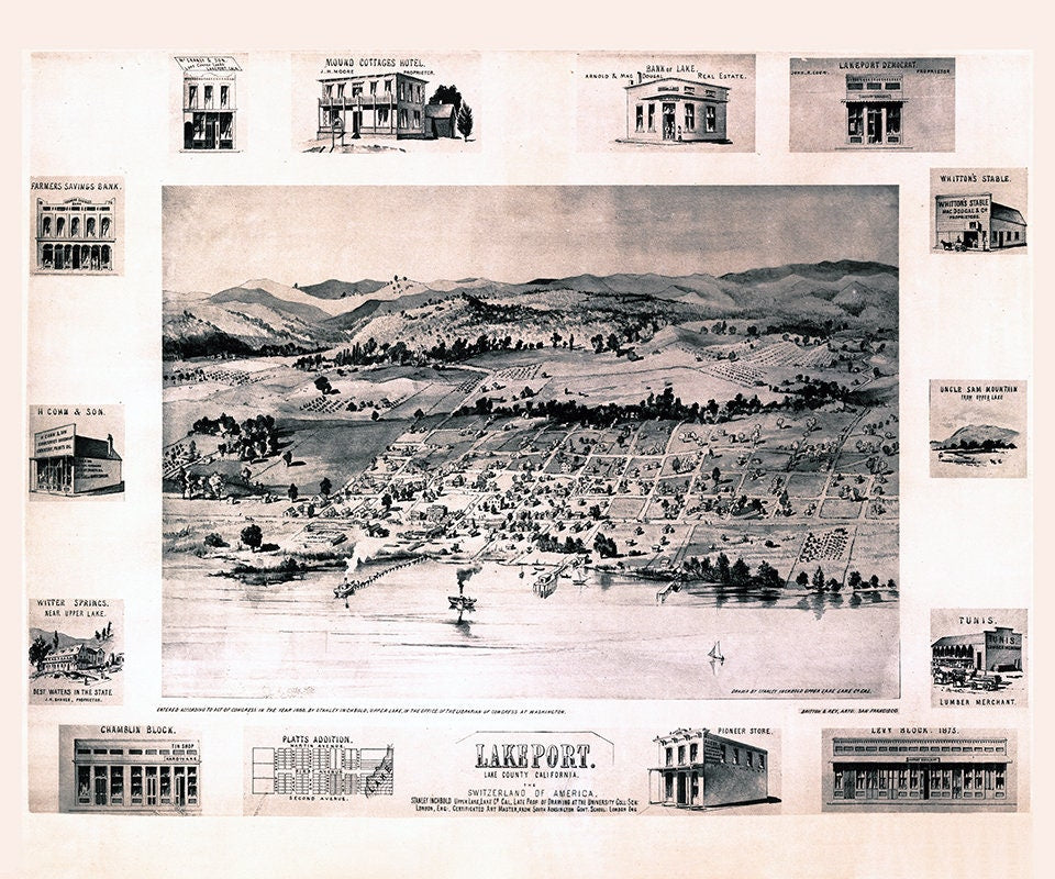 1888 Panoramic Map of Lakeport Lake County California