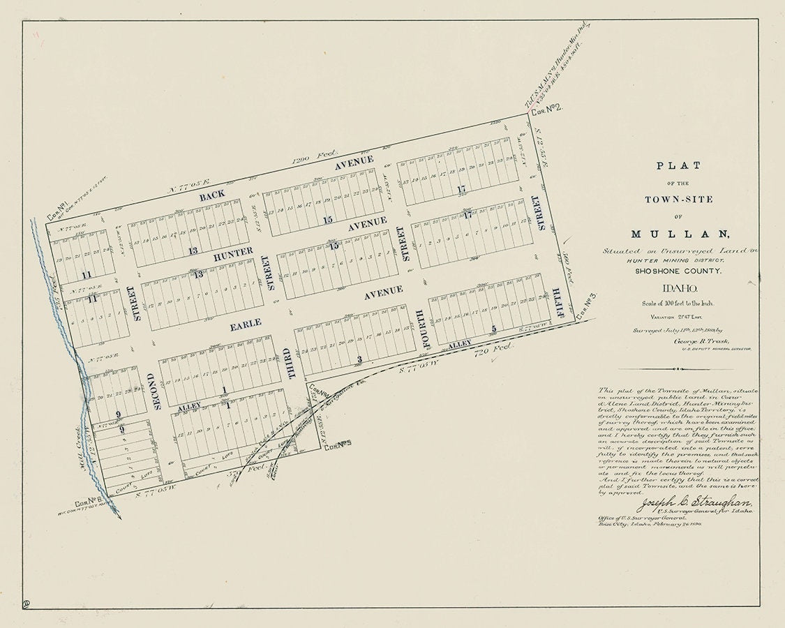 1889 Town Map of Mullan Shoshone County Idaho