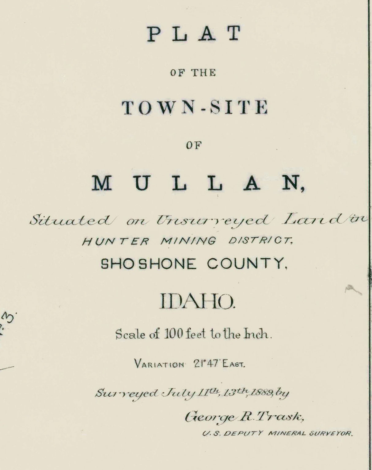 1889 Town Map of Mullan Shoshone County Idaho