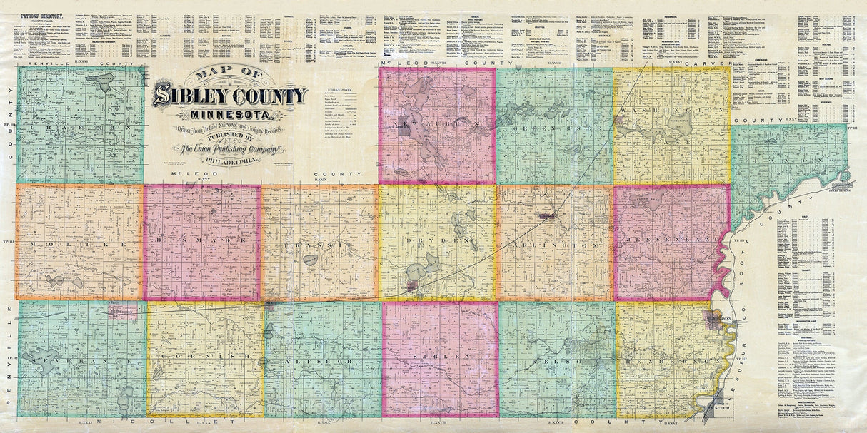 1893 Farm Line Map of Sibley County Minnesota