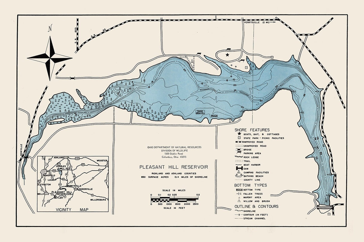 1960 Map of Pleasant Hill Reservoir Richland and Ashland County Ohio