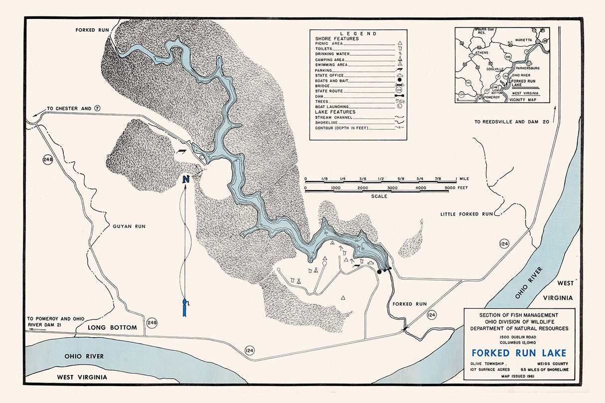 1961 Map of Forked Run Lake Meigs County Ohio