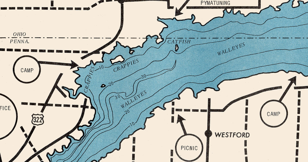 1961 Map of Pymatuning Lake Ashtabula County Ohio and Pennsylvania