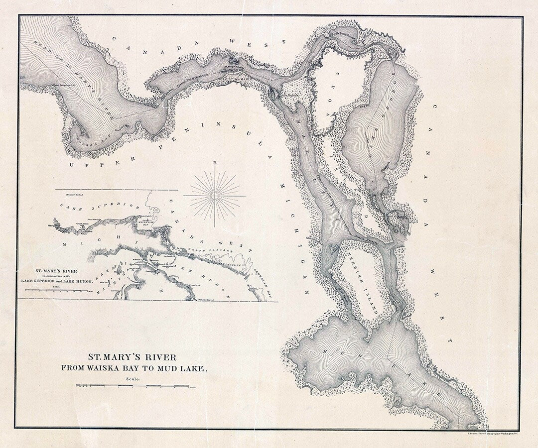 1800s Map of the St Marys River from Lake Superior to Lake Huron