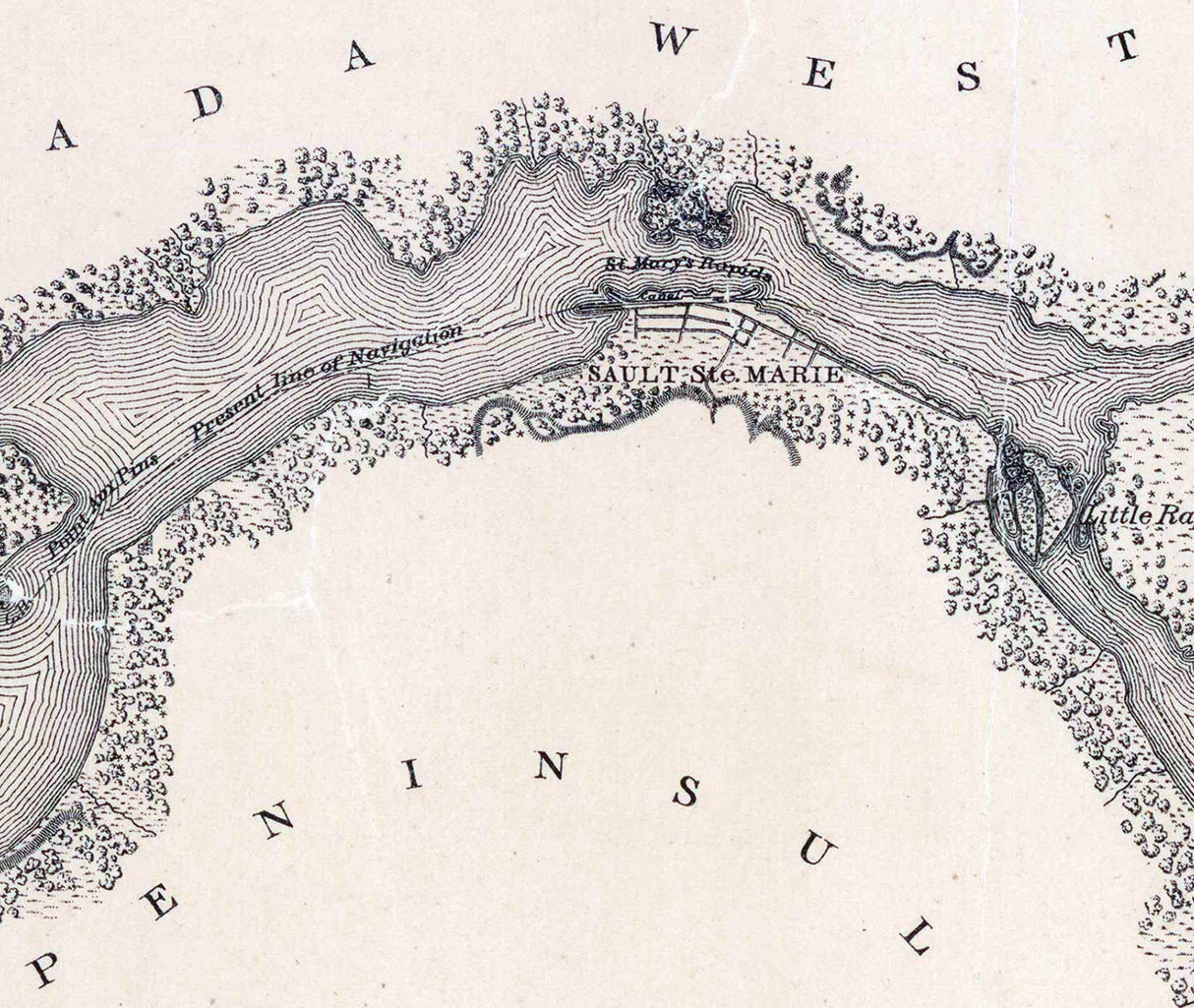 1800s Map of the St Marys River from Lake Superior to Lake Huron