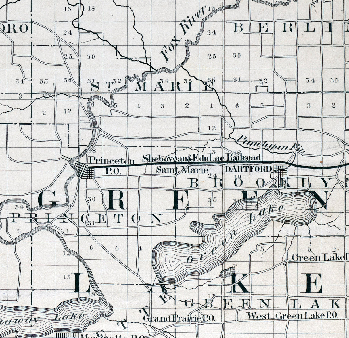 1880 Map of Waushara Marquette and Green Lake County Wisconsin