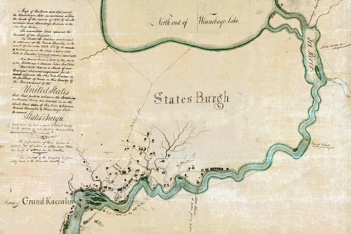 1832 Map of Lake Winnebago Fox River and Town of Kaukauna Wisconsin